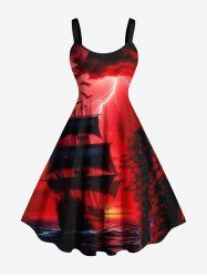 Robe trapèze grande taille à imprimé galaxie et voilier, effet ombré, effet éclairs marins, style croisière hawaïenne - Rouge L
