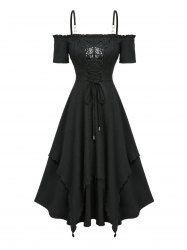 Cold Shoulder Butterfly Applique Lace Up Textured Layered A Line Cami Dress -  
