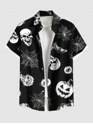Plus Size Pumpkin Skull Spider Web Bat Print Halloween Button Pocket Shirt For Men -  