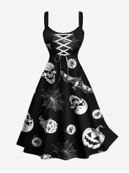 Robe débardeur trapèze à lacets grande taille avec imprimé citrouille, crâne, toile d'araignée et chauve-souris pour Halloween - Noir S
