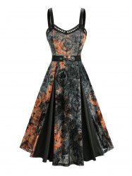 Tulip Flower Flocking Tie Dye Mesh Patchwork A Line Cami Dress with Removable Belt - Noir XXXL