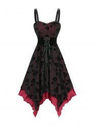 Robe asymétrique en dentelle à fleurs roses, à lacets, avec ceinture, à volants superposés et à volants - Noir XXL