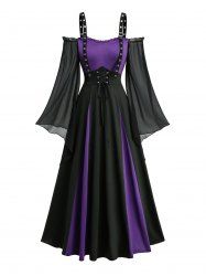 Chiffon Textured Sleeve Cold Shoulder Two Tone Patchwork Lace Up Vintage A Line Dress -  