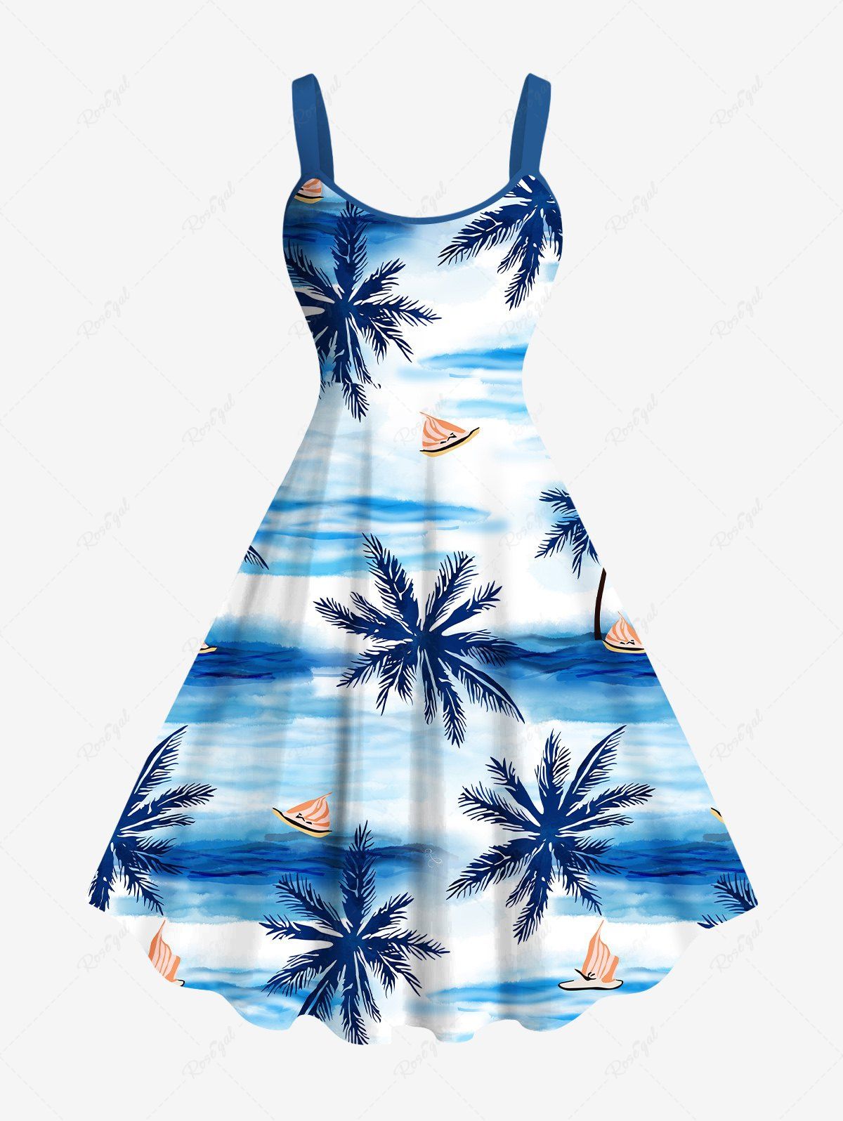 Robe débardeur hawaïenne grande taille à imprimé cocotiers, vagues et bateaux Bleu Ciel 6X