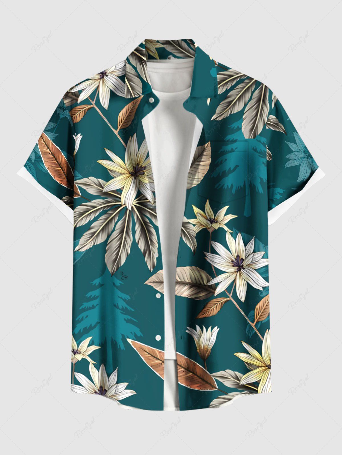 Unique Plus Size Tropical Leaf Flower Tree Print Hawaii Button Pocket Shirt For Men  