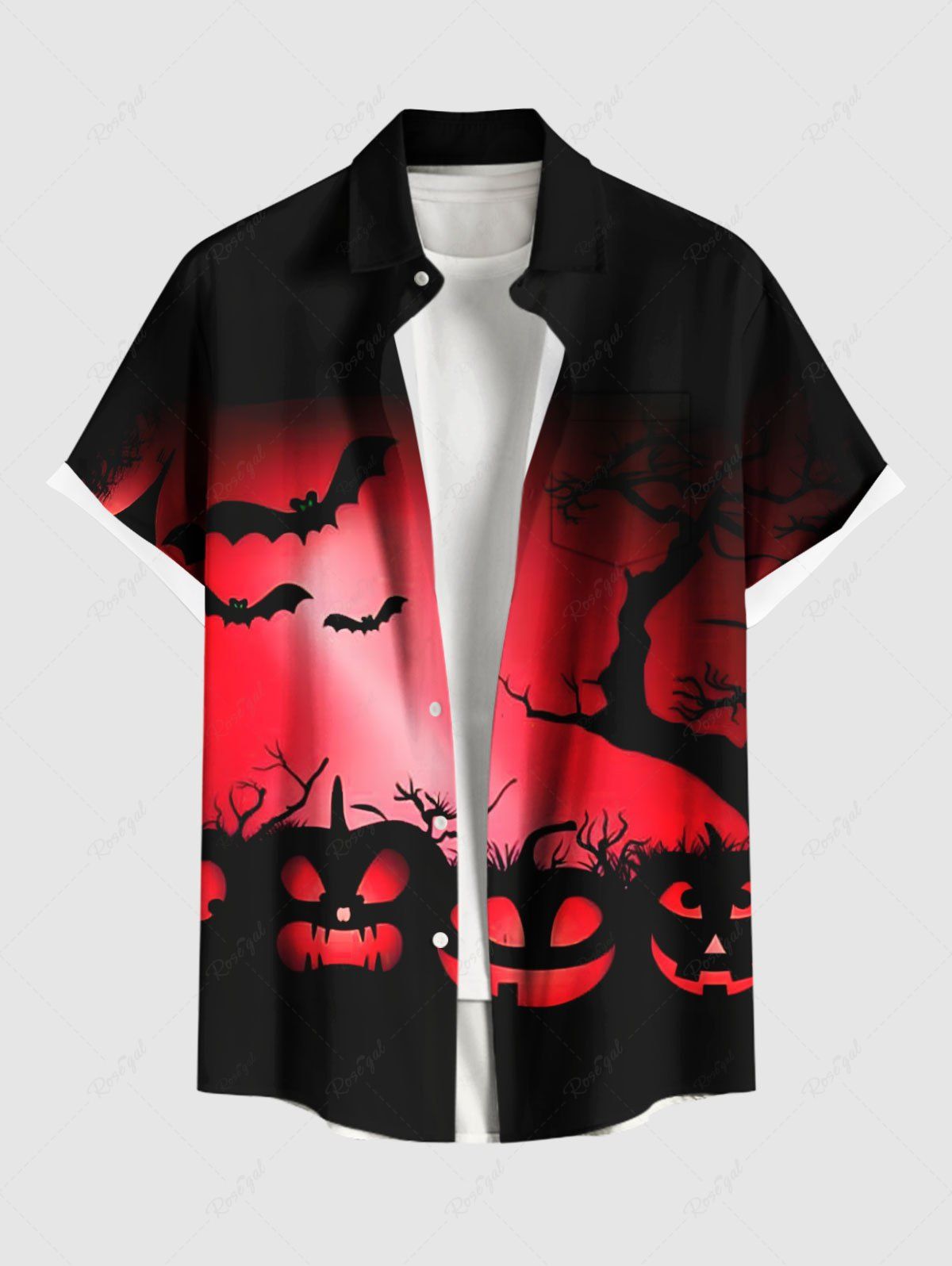 Chemise grande taille à imprimé citrouille, chauve-souris, arbre, ombré, Halloween, boutonnée et poche pour homme Rouge M