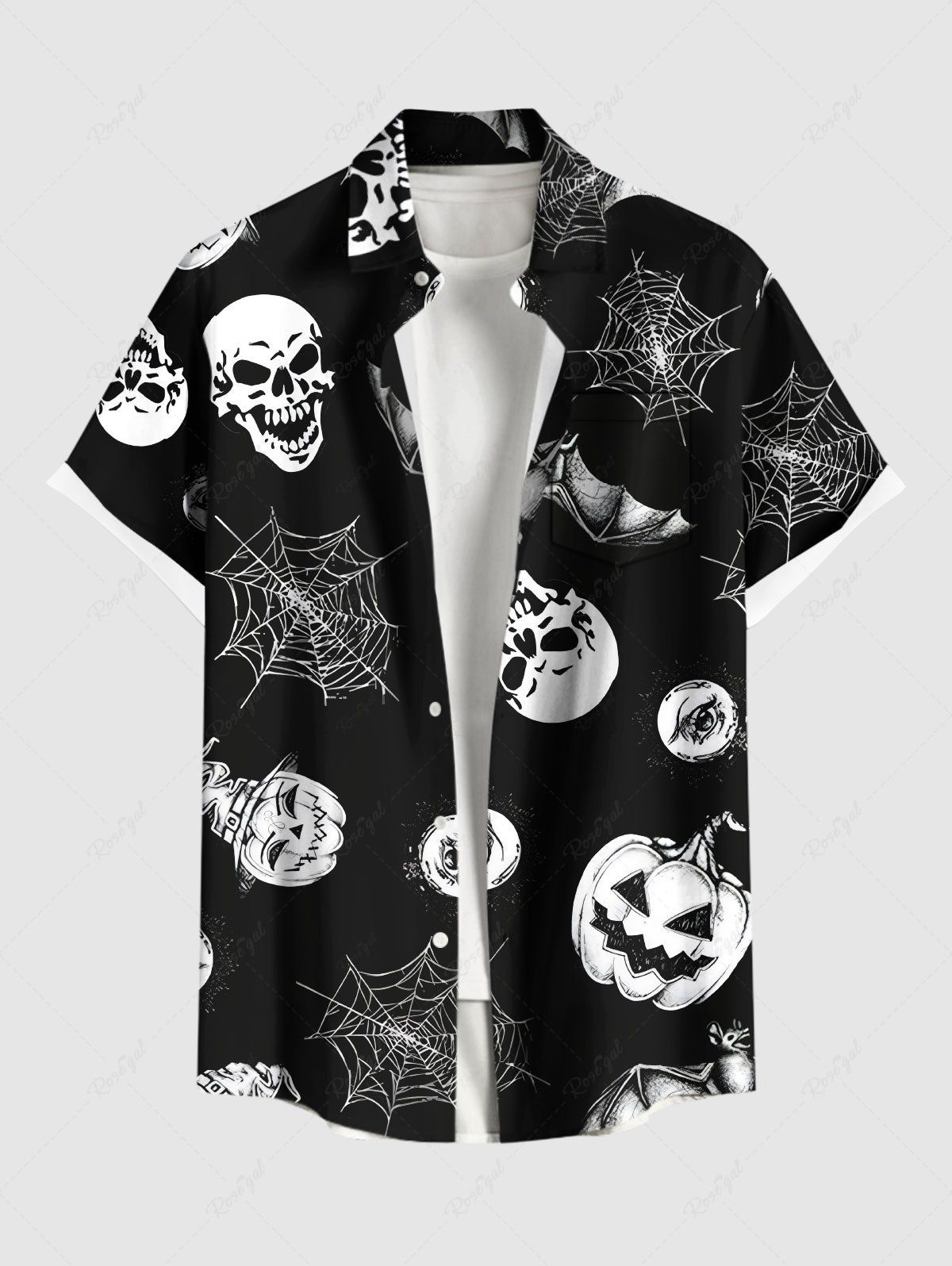Chemise grande taille à imprimé citrouille, crâne, toile d'araignée, chauve-souris, Halloween, boutonnée et poche pour homme Noir M