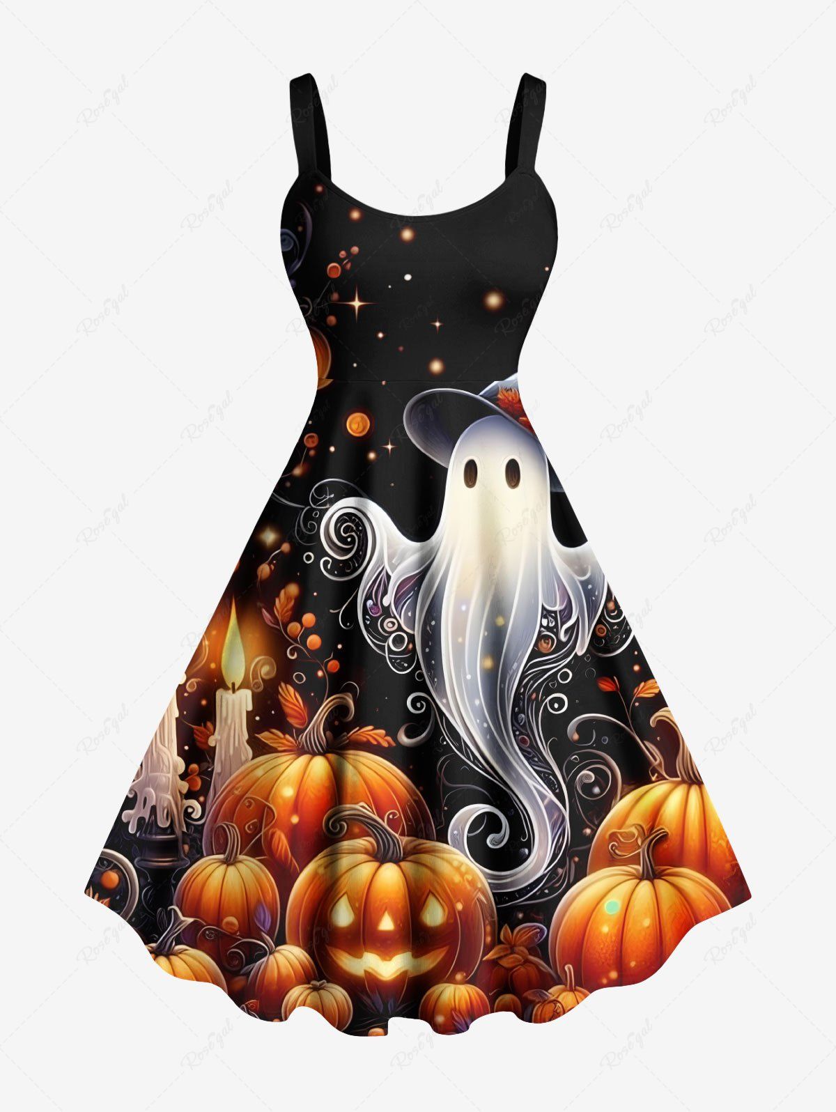 Shop Plus Size Pumpkin Lantern Ghost Candle Print Halloween A Line Tank Dress  