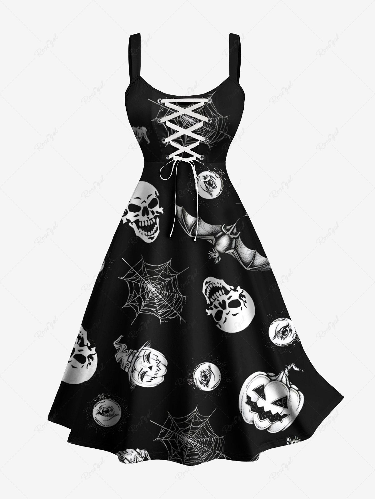 Shops Plus Size Pumpkin Skull Spider Web Bat Print Halloween Lace Up A Line Tank Dress  