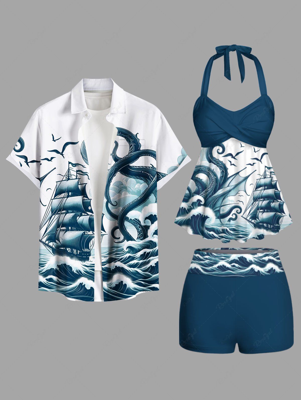 Maillot de bain grande taille à imprimé voilier, poulpe, vagues, oiseaux, tenue de plage hawaïenne assortie pour couples Vert profond 