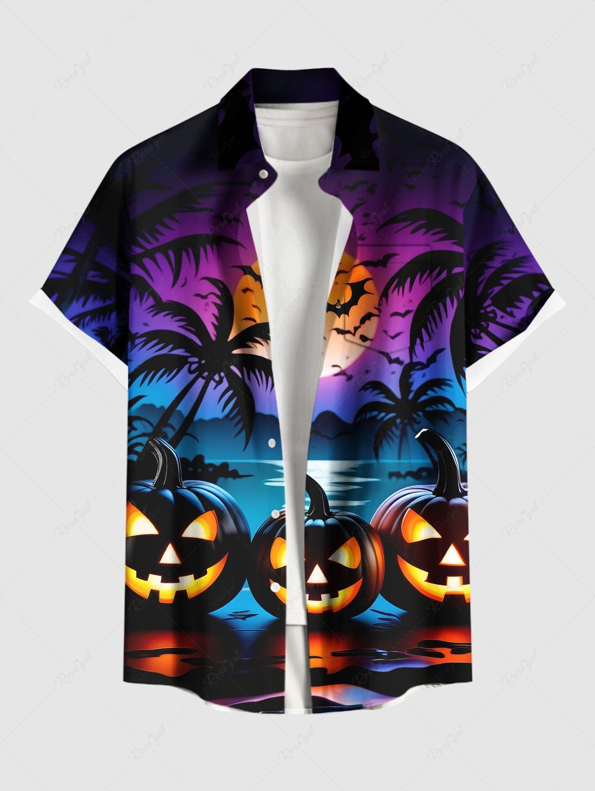 Chemise grande taille à boutons et poches pour homme, motif citrouille, cocotier, lune, chauve-souris, Halloween Noir M