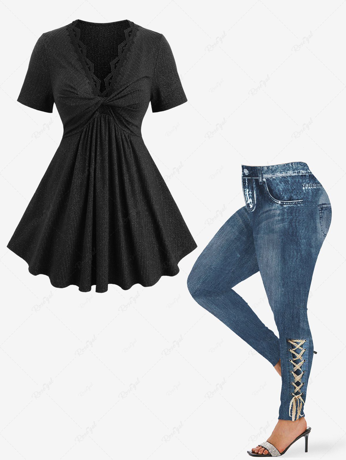 Ensemble haut à col côtelé pailleté et bordure florale géométrique torsadée, leggings en denim effet vieilli 3D, grande taille Noir 