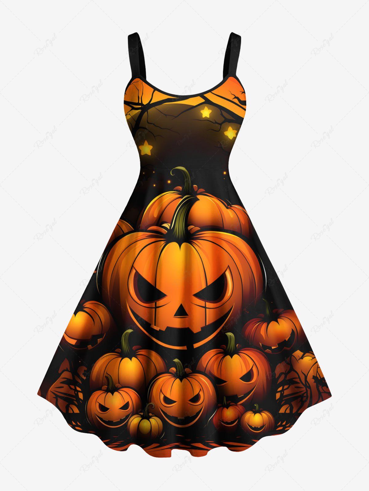 Store Plus Size Halloween Pumpkin Moon Stars Tree Print Tank Dress  
