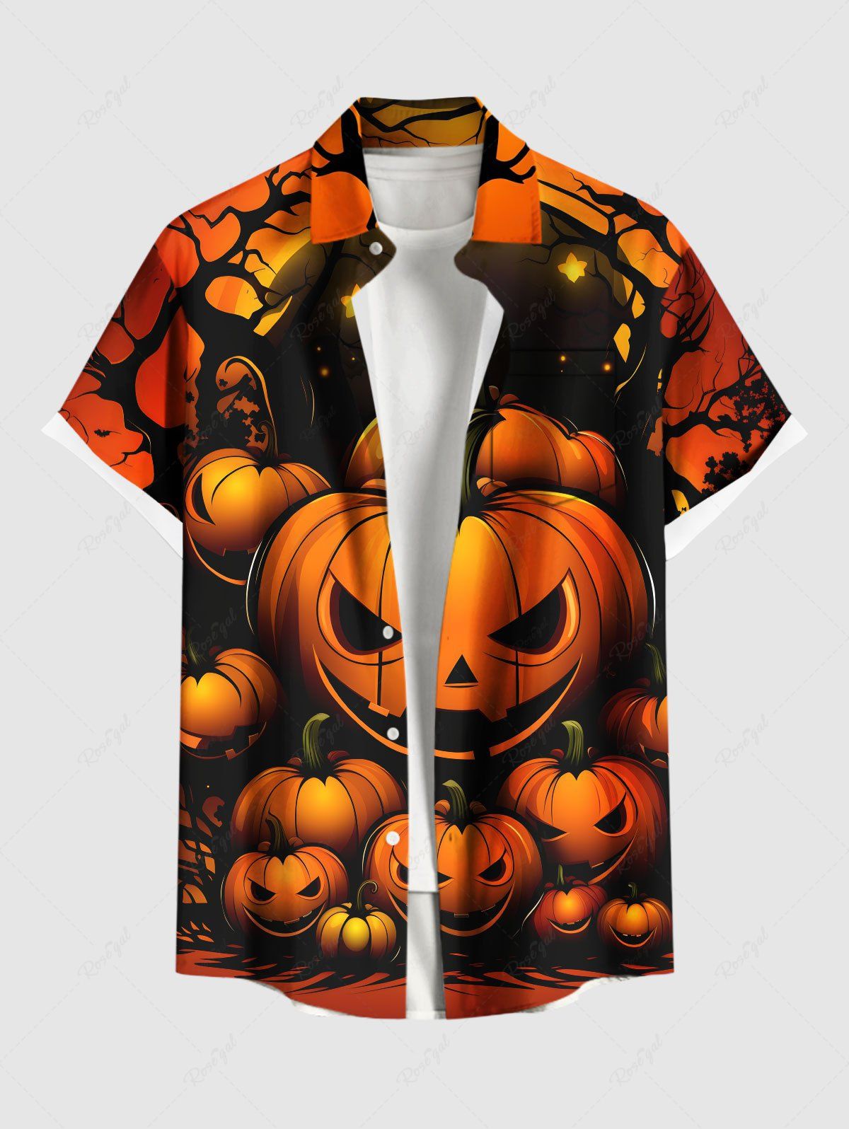 Chemise grande taille à boutons et poches pour homme, motif citrouille, lune, étoiles, arbre, Halloween Orange 5XL