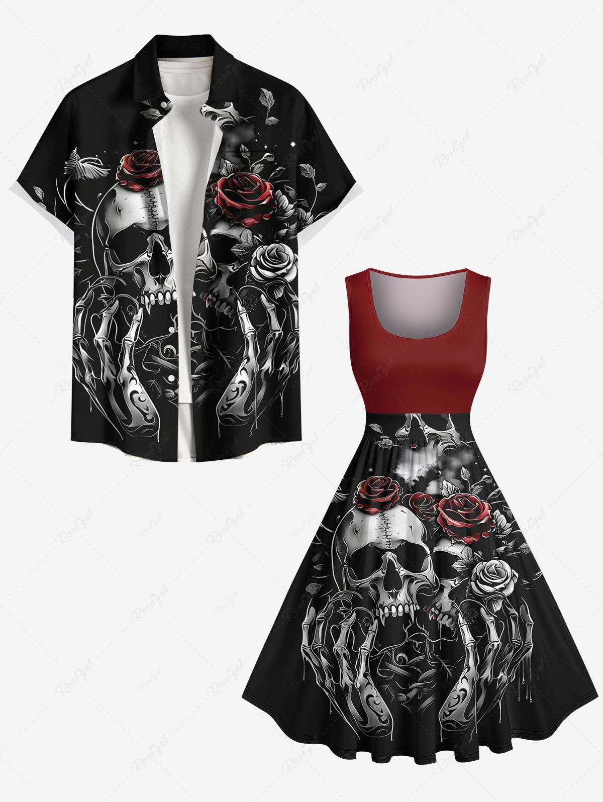 Fancy Halloween Skull Skeleton Claw Rose Flowers Print Plus Size Matching Outfit For Couples  