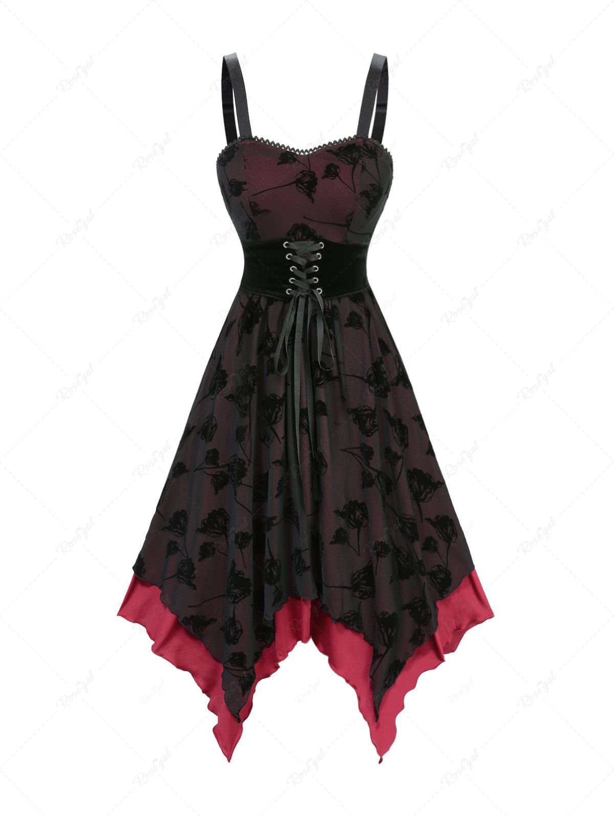 Outfit Rose Flower Lace Flocking Lace-up Belted Layered Handkerchief Asymmetric Dress  