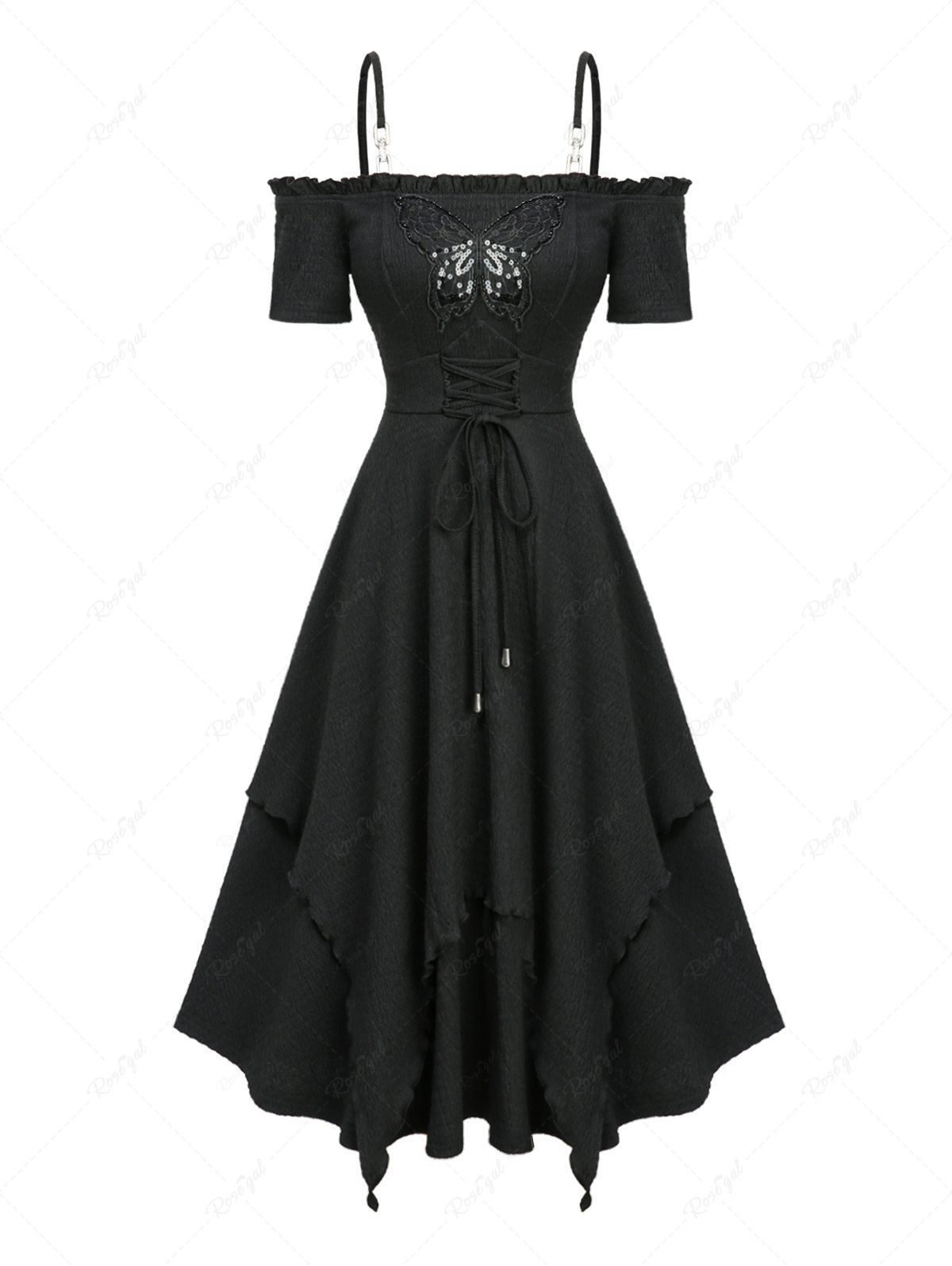 Robe caraco trapèze texturée à épaules dénudées et à lacets avec appliques papillon Noir L