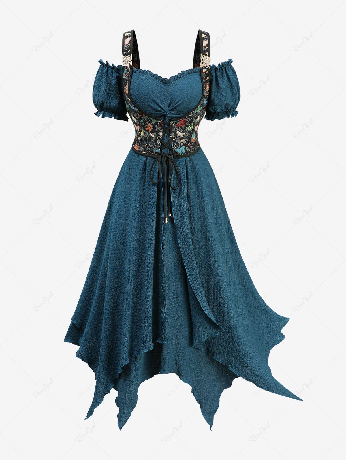 Outfit Plus Size Renaissance Peasant Corset Lace Up Cold Shoulder Handkerchief Hem Dress  