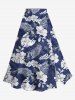 Cinched Solid Ruffles Cropped Top and Tropical Leaf Hibiscus Flower Print Hawaii Split A Line Skirt Plus Size Matching Set - Blanc 