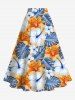Solid Cinched Top and Tropical Leaf Hibiscus Flower Print Hawaii Split A Line Skirt Plus Size Matching Set -  