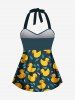 Duck Water Drop Print Hawaii Twist Halter Backless Cinched Boyleg Tankini Swimsuit -  