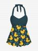Duck Water Drop Print Hawaii Twist Halter Backless Cinched Boyleg Tankini Swimsuit -  
