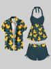 Duck Water Drop Print Hawaii Twist Halter Backless Cinched Boyleg Tankini Swimsuit -  