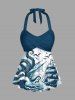 Maillot de bain tankini dos nu à imprimé voilier, poulpe, vagues, oiseaux, croisière hawaïenne - Vert profond 1X