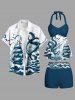 Sailboat Octopus Sea Waves Bird Print Hawaii Cruise Twist Halter Backless Boyleg Tankini Swimsuit -  