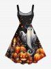 Plus Size Pumpkin Lantern Ghost Candle Print Halloween A Line Tank Dress -  