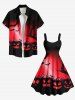 Robe trapèze grande taille à imprimé citrouille, chauve-souris et arbre, effet ombré, effet dip dye, pour Halloween - Rouge 1X