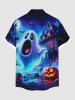 Chemise à boutons avec poche pour homme, imprimé Halloween citrouille, fantôme, château, galaxie en dégradé et chauve-souris - Noir M