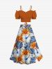 Plus Size Tropical Leaf Hibiscus Flower Print Hawaii Split A Line Skirt -  