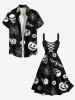 Plus Size Pumpkin Skull Spider Web Bat Print Halloween Lace Up A Line Tank Dress -  