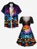 Plus Size Halloween Pumpkin Coconut Tree Moon Bat Print Cinched Dress -  
