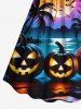 Plus Size Halloween Pumpkin Coconut Tree Moon Bat Print Cinched Dress -  