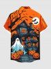 Plus Size Halloween Costume Pumpkin Ghost Bat Castle Print Buttons Pocket Shirt For Men -  