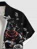 Plus Size Halloween Skull Skeleton Claw Rose Flowers Print Buttons Pocket Shirt For Men -  