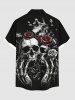 Plus Size Halloween Skull Skeleton Claw Rose Flowers Print Buttons Pocket Shirt For Men -  