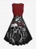 Plus Size Halloween Skull Skeleton Claw Rose Flowers Print 1950s Vintage Dress -  
