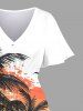 Plus Size Coconut Tree Seascape Bird Ombre Colorblock Print Split Hawaii Midi Dress -  