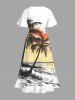 Plus Size Coconut Tree Seascape Bird Ombre Colorblock Print Split Hawaii Midi Dress -  