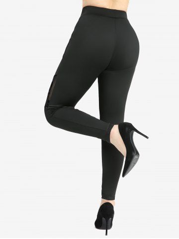 Gothic Ruched Marled Cami Top And Skulls Mesh Lace Trim Top and Flocking Pentagram Decor Skinny Leggings Plus Size Outfit