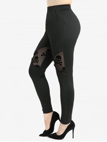 Gothic Ruched Marled Cami Top And Skulls Mesh Lace Trim Top and Flocking Pentagram Decor Skinny Leggings Plus Size Outfit