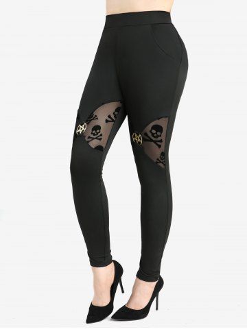 Gothic Ruched Marled Cami Top And Skulls Mesh Lace Trim Top and Flocking Pentagram Decor Skinny Leggings Plus Size Outfit