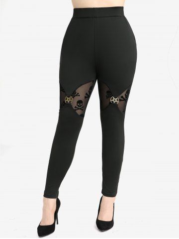 Gothic Ruched Marled Cami Top And Skulls Mesh Lace Trim Top and Flocking Pentagram Decor Skinny Leggings Plus Size Outfit