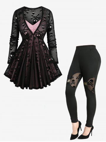 Gothic Ruched Marled Cami Top And Skulls Mesh Lace Trim Top and Flocking Pentagram Decor Skinny Leggings Plus Size Outfit - BLACK
