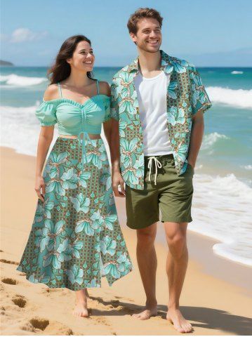 Hibiscus Flowers Leaf Print Plus Size Matching Hawaii Beach Outfit For Couples - GREEN