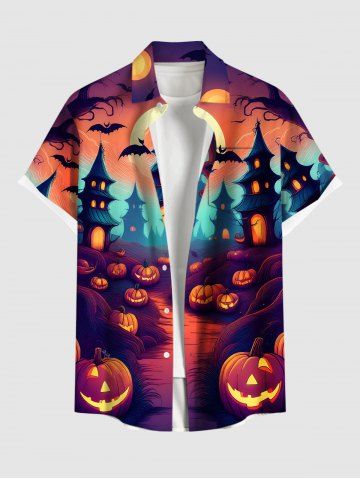 Plus Size Halloween Pumpkin Bat Moon Castle Print Buttons Pocket Shirt For Men - PURPLE - M