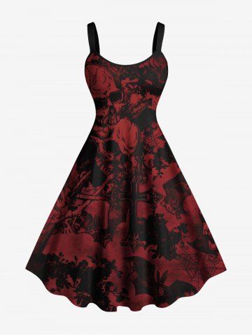 Plus Size Halloween Skulls Cross Spider Web Bat Print Tank Dress - RED WINE - 1X